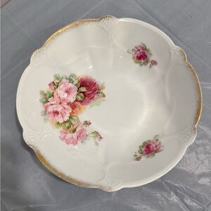 Vintage Floral Serving Bowl Pink Roses Gold Rim